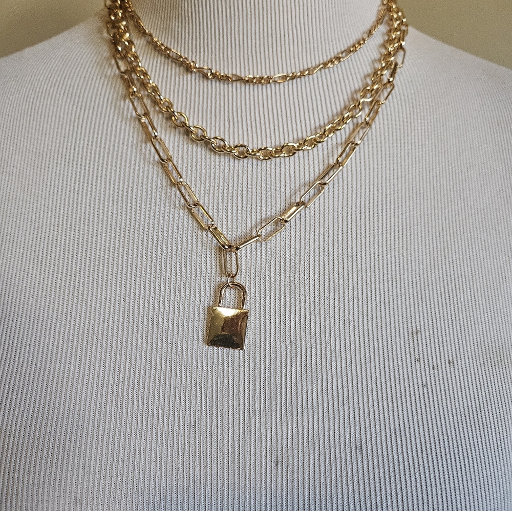 Gold Layered Gold Tone Chain Necklace with Padlock Pendant. - Picture 8 of 9